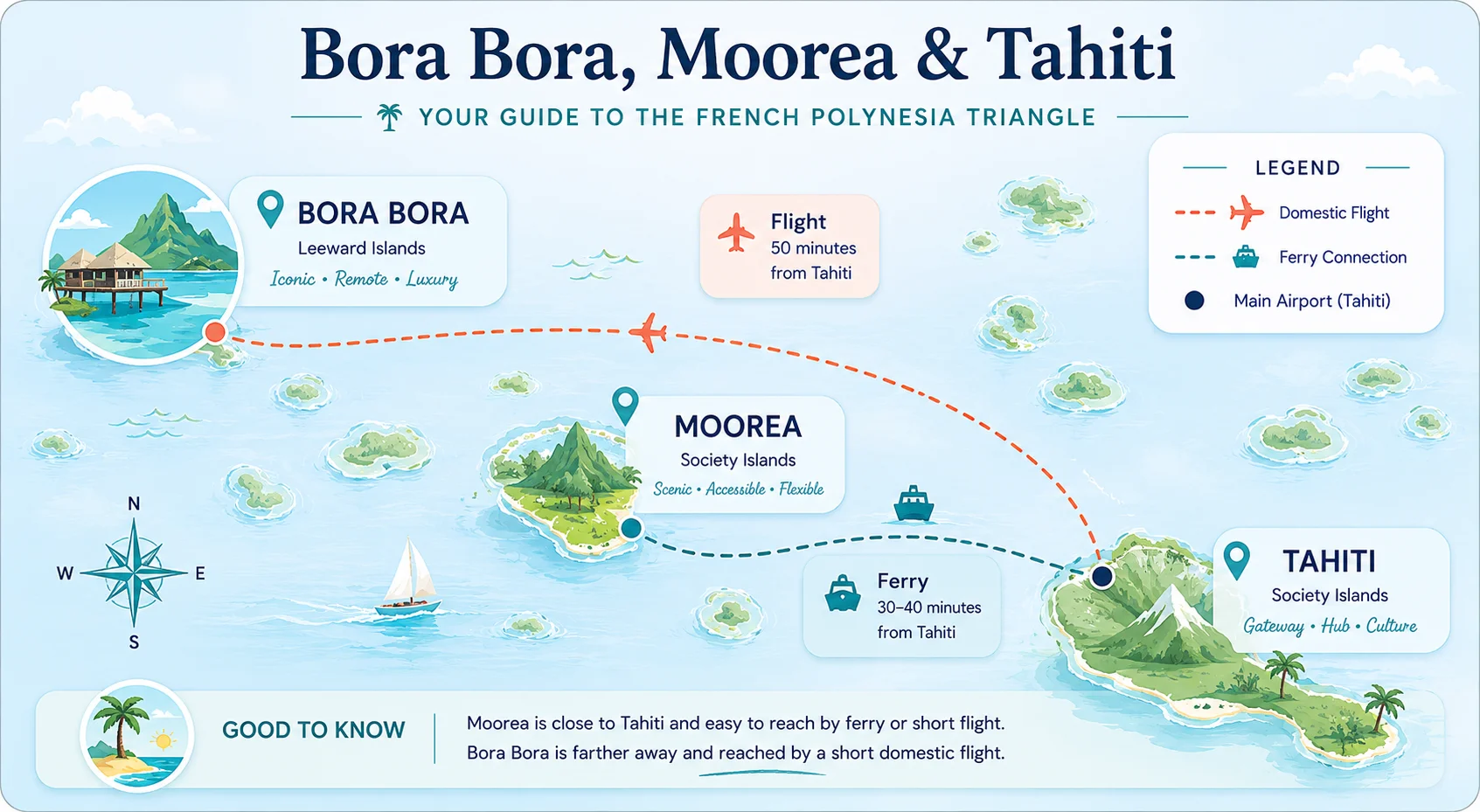 Simple regional map showing Tahiti, Moorea, and Bora Bora in French Polynesia