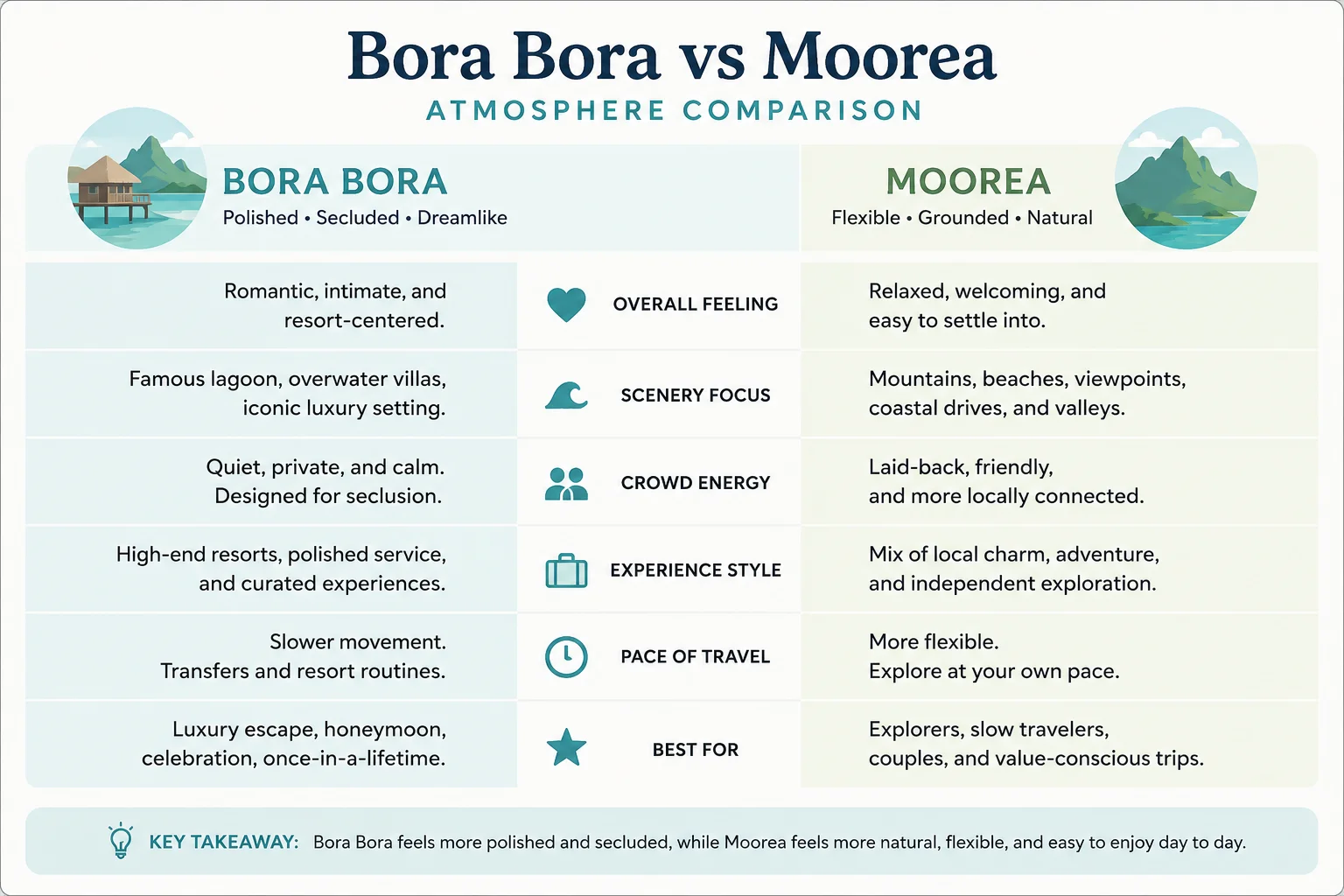 Atmosphere comparison diagram showing Bora Bora as polished and secluded and Moorea as flexible and grounded