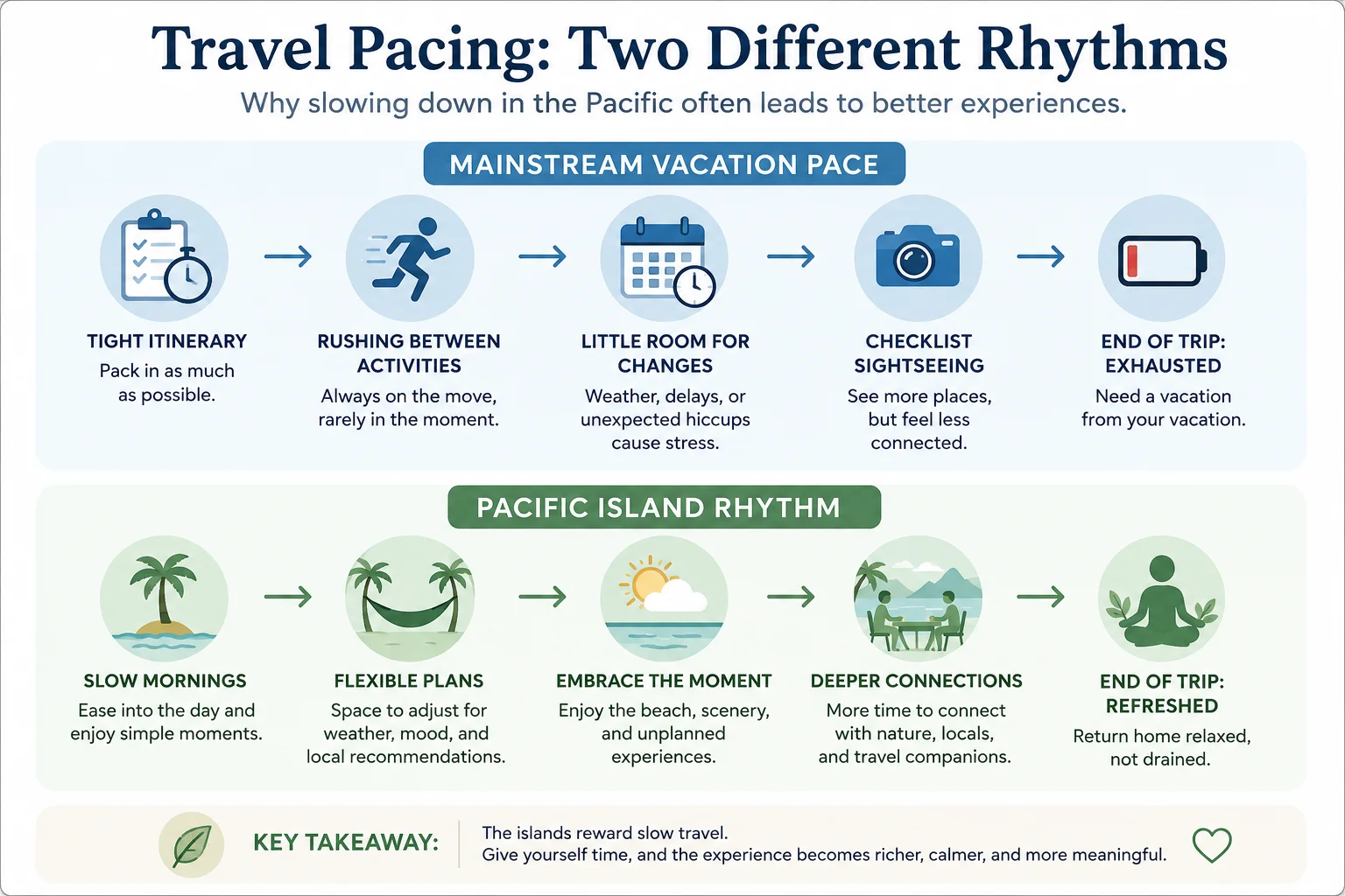 Travel pacing visual comparing mainstream rushed travel with slower French Polynesia island rhythm