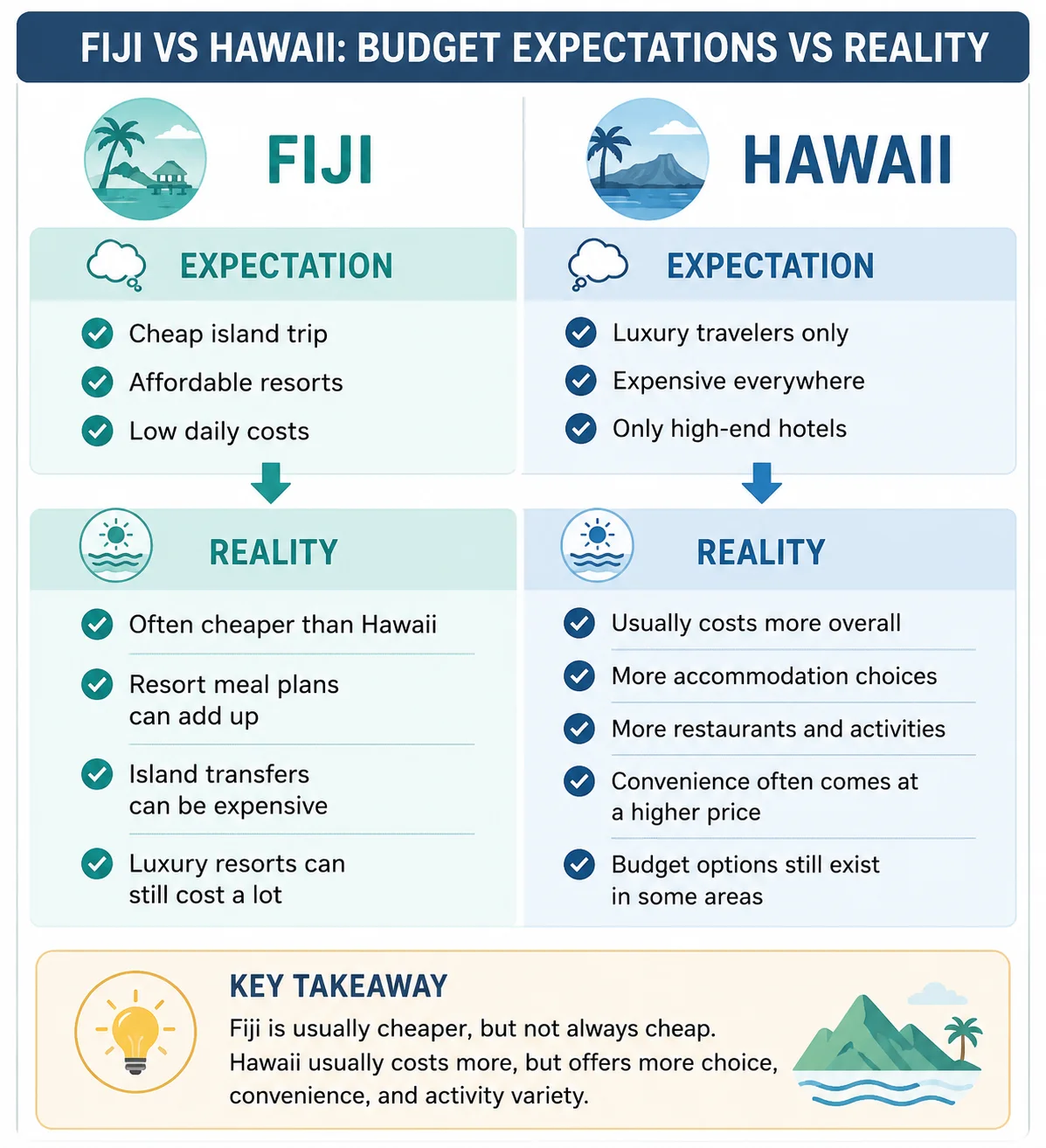 Fiji vs Hawaii budget expectation vs reality infographic comparing realistic travel costs