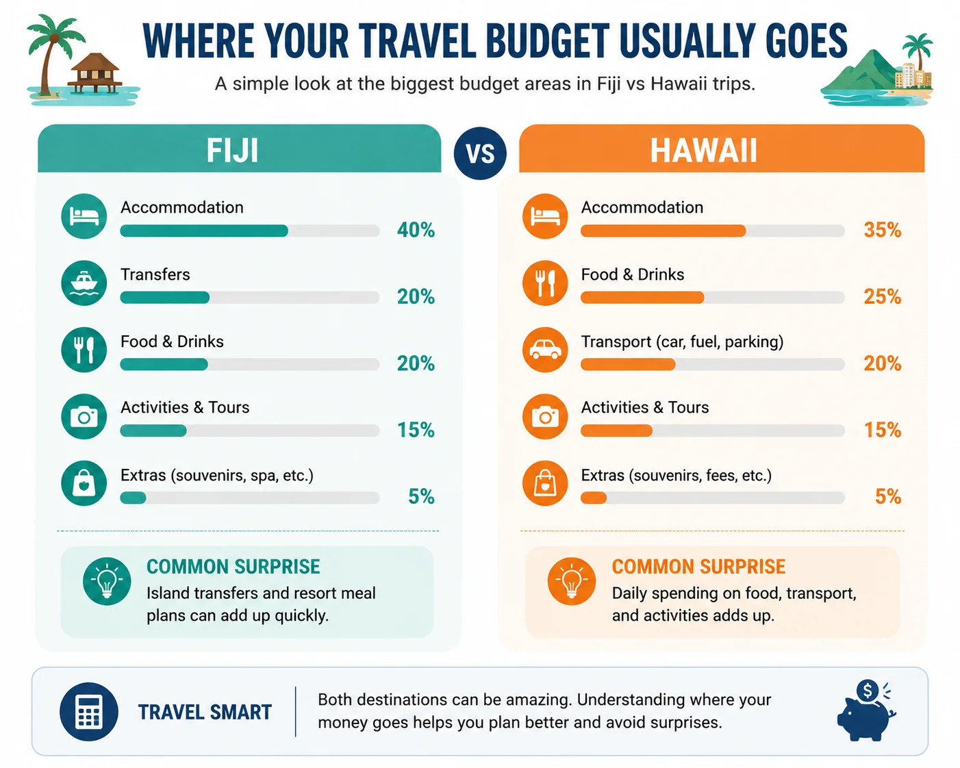 Fiji vs Hawaii travel budget breakdown diagram showing accommodation, food, activities, and transport costs
