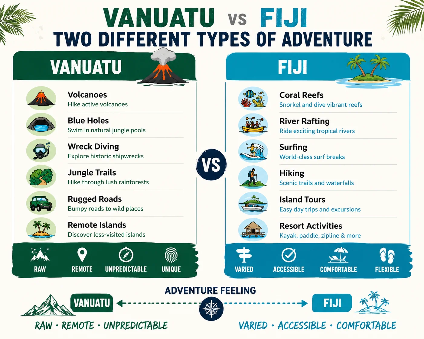 Vanuatu vs Fiji diagram comparing raw remote adventure with varied accessible adventure