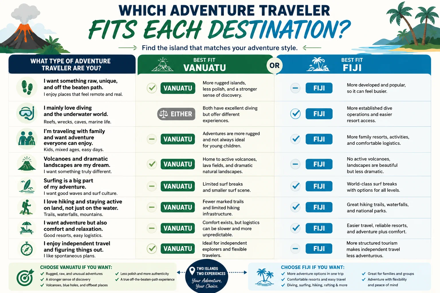 Traveler fit diagram comparing Vanuatu and Fiji for different adventure travel styles